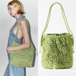 NWT Zara Green Cotton Crochet Buckle Style Bag